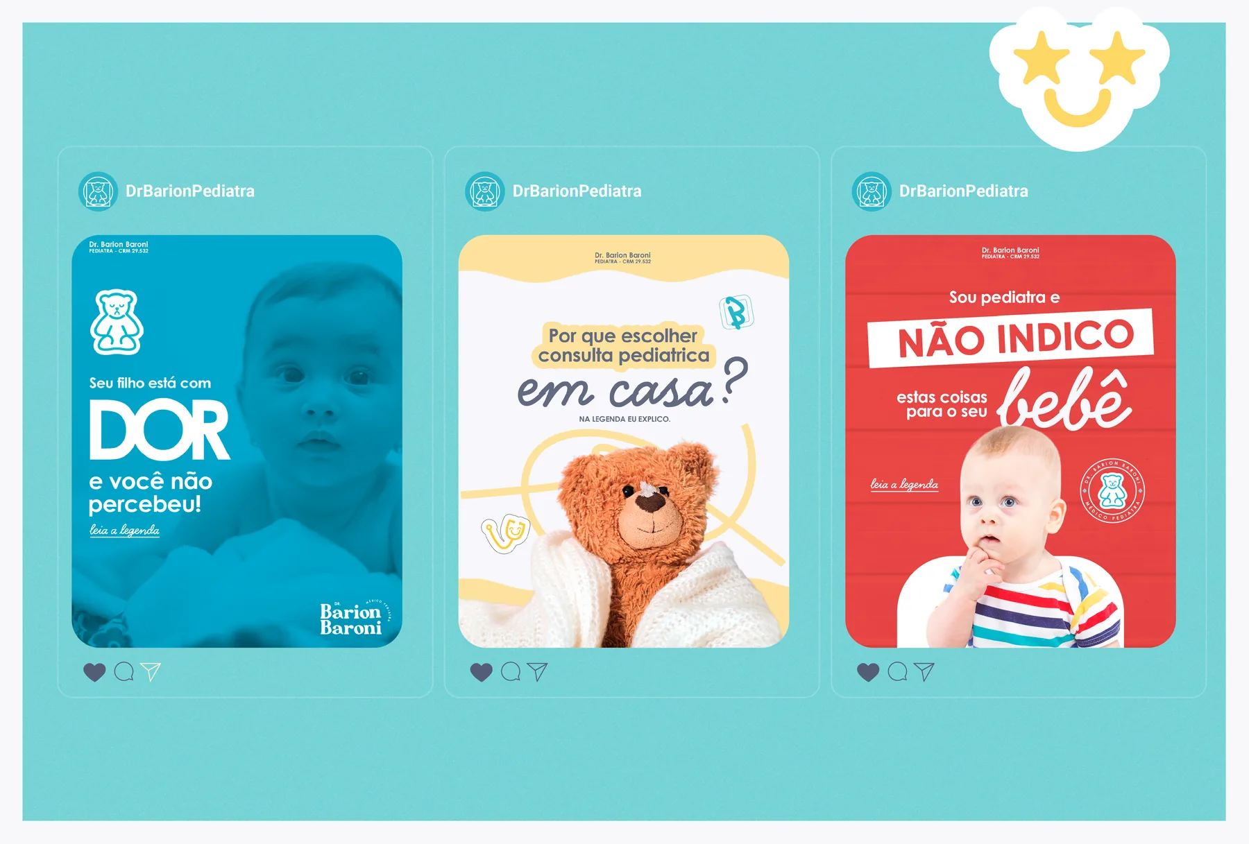 Três posts para Instagram do Dr. Barion em azul, amarelo e vermelho