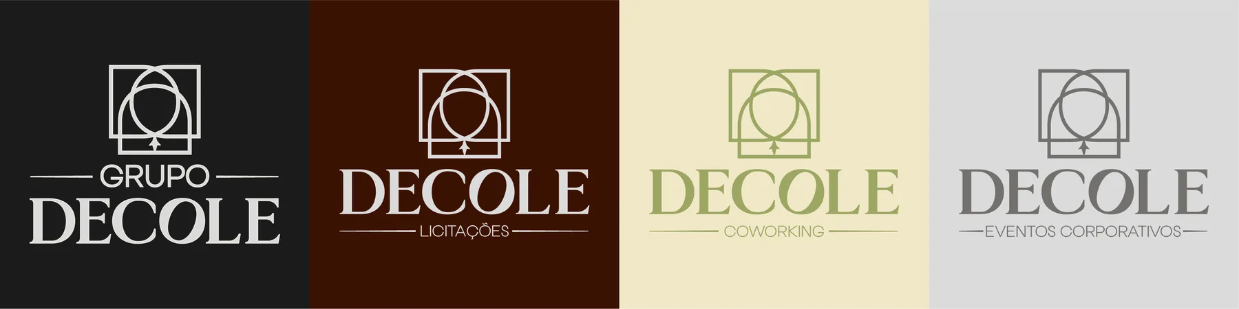 Logotipos do Grupo Decole e das submarcas em preto, marrom, bege e cinza