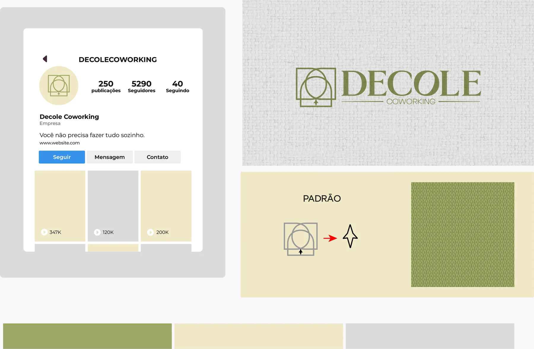 Perfil de rede social, paleta verde e textura de linho do Decole Coworking