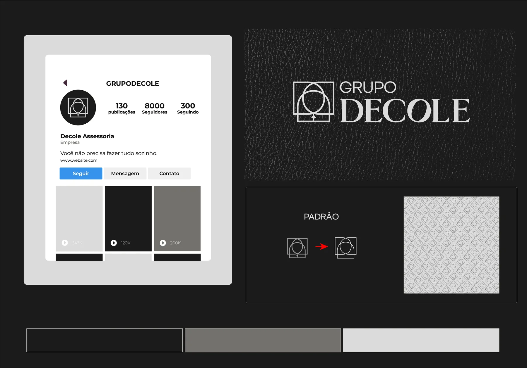 Perfil de rede social, paleta e textura de couro preto do Grupo Decole