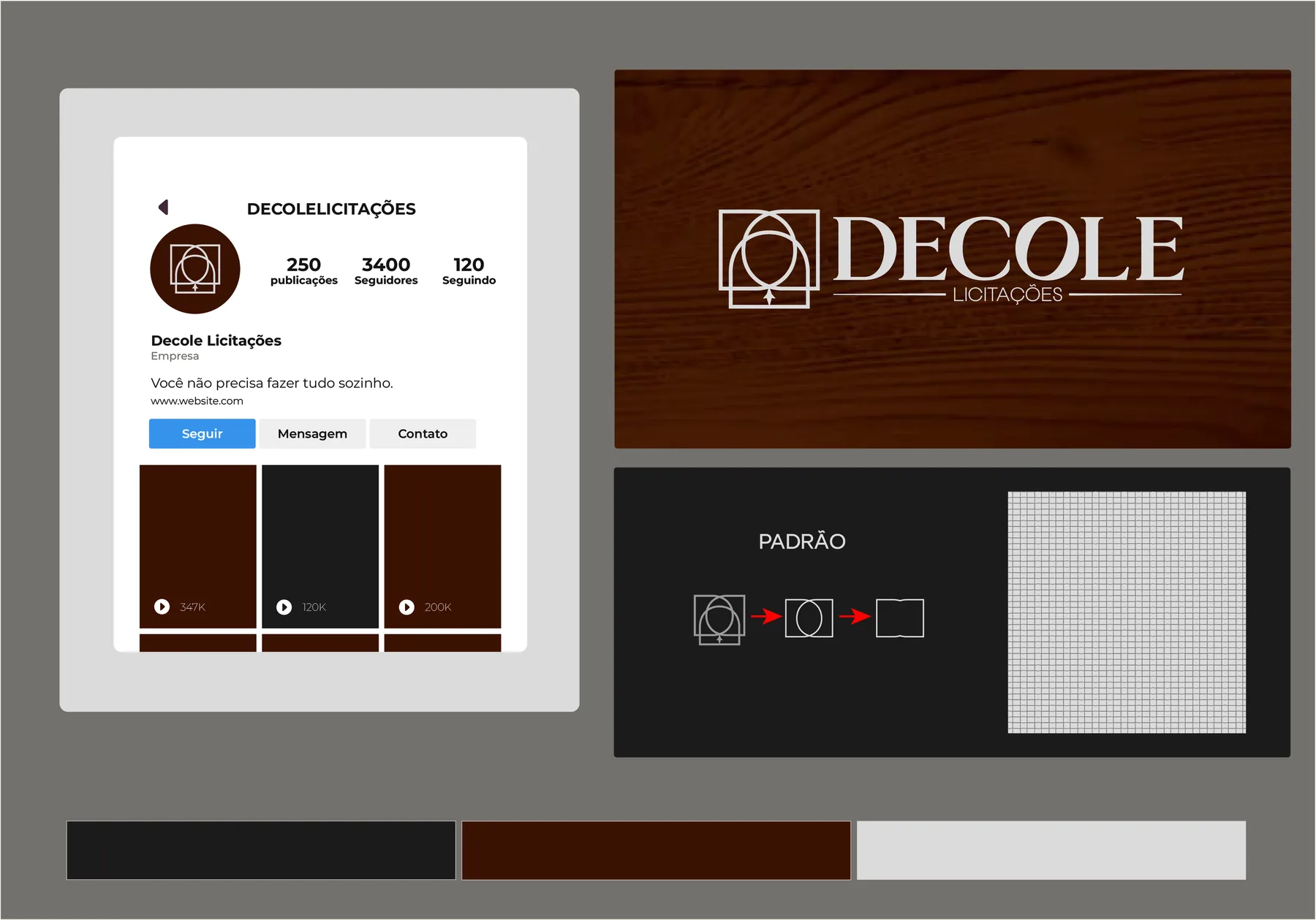 Perfil de rede social, paleta e textura de madeira escura do Decole Licitações
