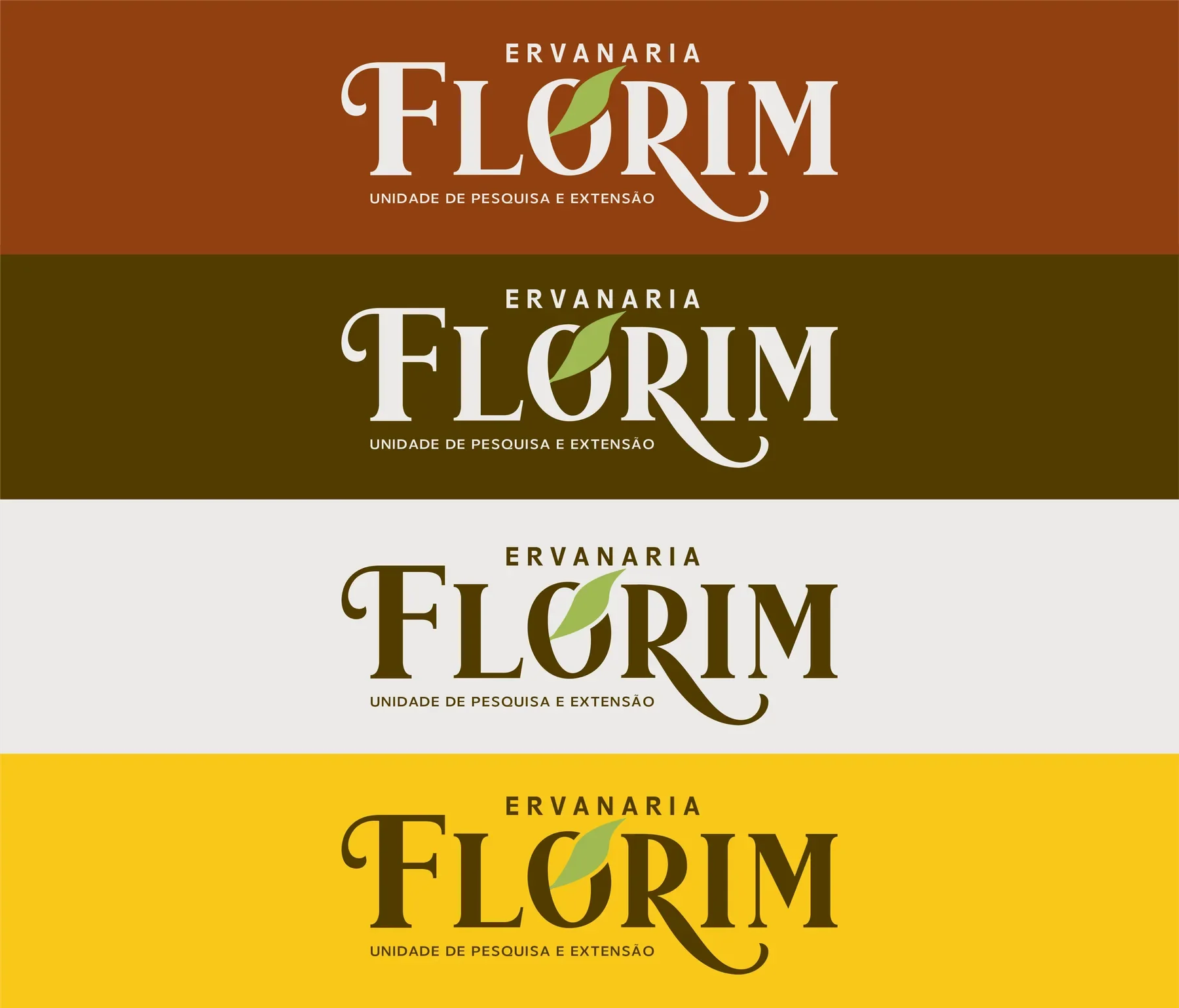 Marca Florim Ervanaria em quatro versões de cor: marrom, verde-oliva, cinza e amarelo