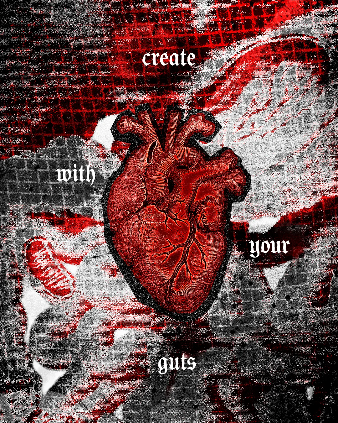 Poster com um coração anatômico vermelho e a frase create with your guts